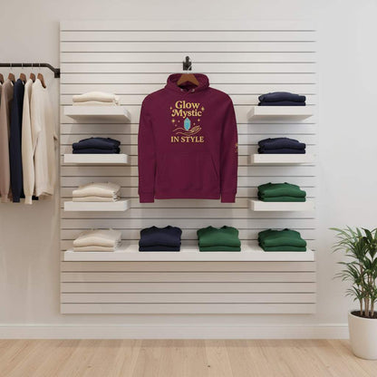 Glow Mystic in Style Hoodie burgundy with graphic print displayed on wall with folded hoodies on shelves in modern store