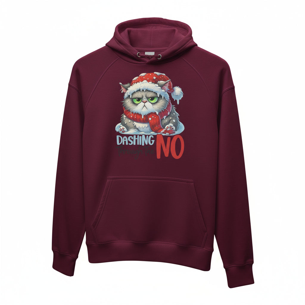 Dashing Through The NO Hoodie with grumpy cat in Santa hat on burgundy fleece sweatshirt