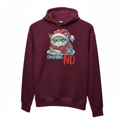 Dashing Through The NO Hoodie with grumpy cat in Santa hat on burgundy fleece sweatshirt