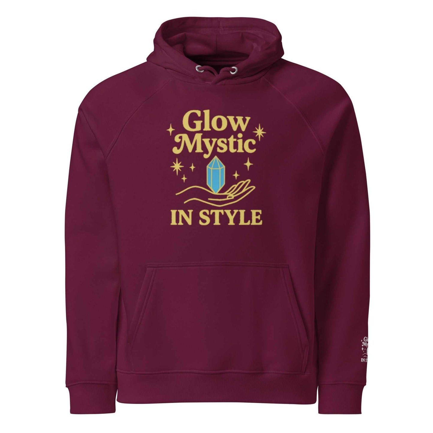 bordeauxrode Glow Mystic in Style hoodie met gele opdruk en capuchon, comfortabele urban streetwear van biologisch en gerecycled materiaal