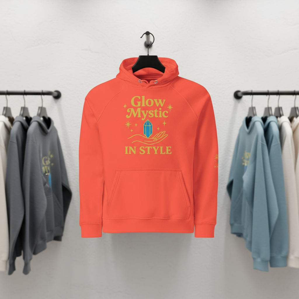 Orange Glow Mystic in Style Hoodie with bold graphic hanging on black hanger in clothing store with other hoodies on racks