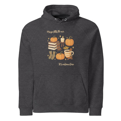 Dark charcoal Magic Fills the Air Hoodie with autumn-themed pumpkin, books, and cozy design on front