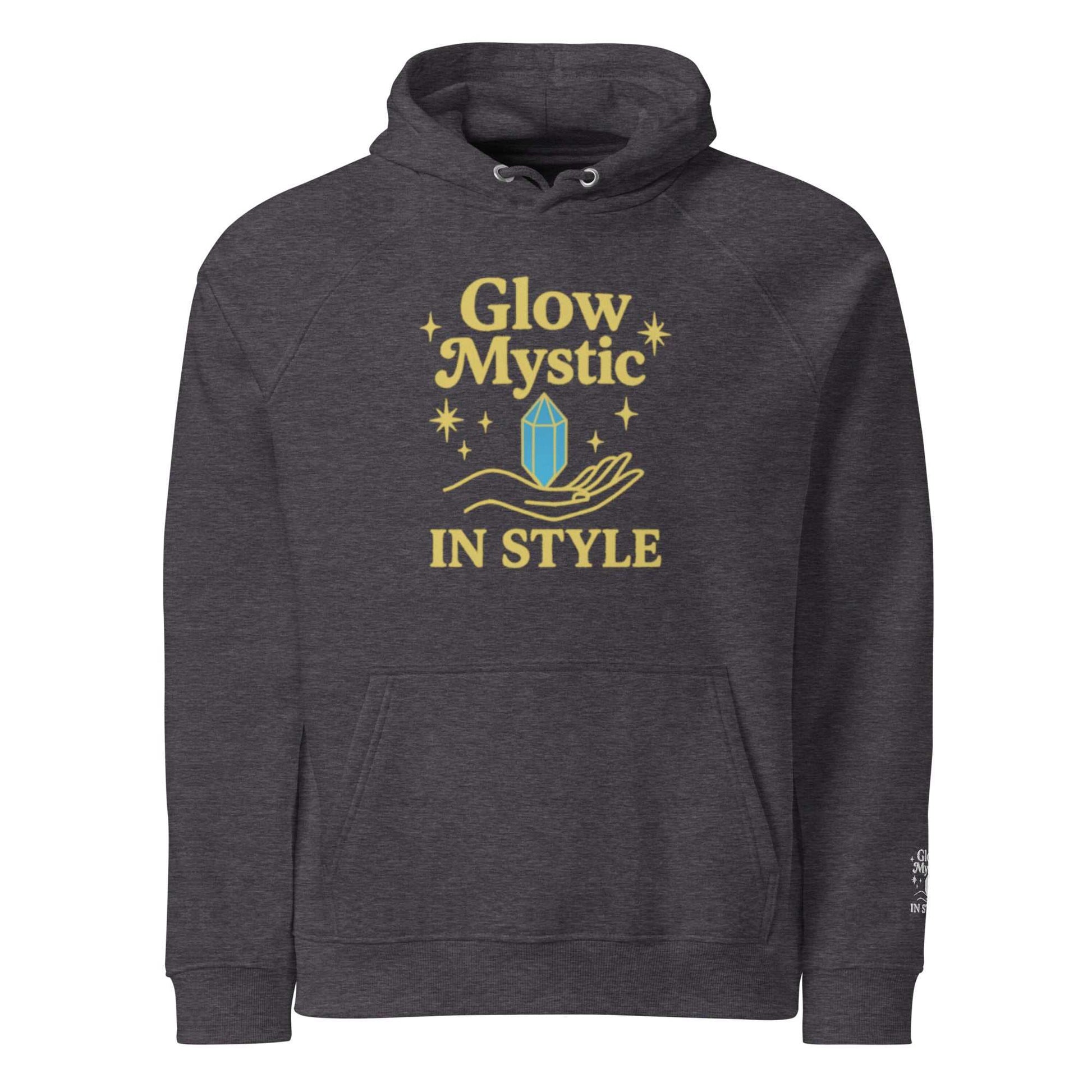 donkere urban hoodie met gele Glow Mystic in Style opdruk, comfortabel en duurzaam