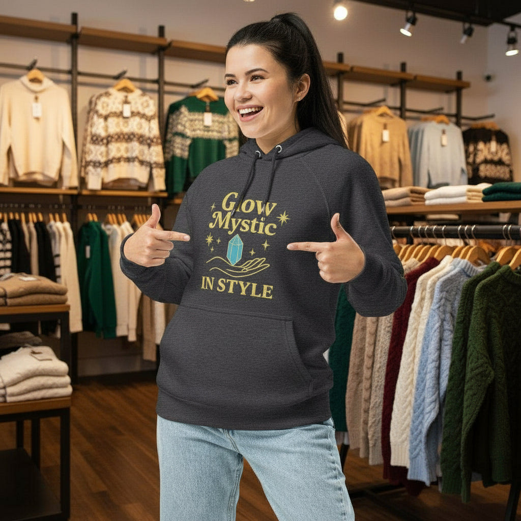 woman wearing charcoal Glow Mystic in Style Hoodie with graphic design in clothing store
