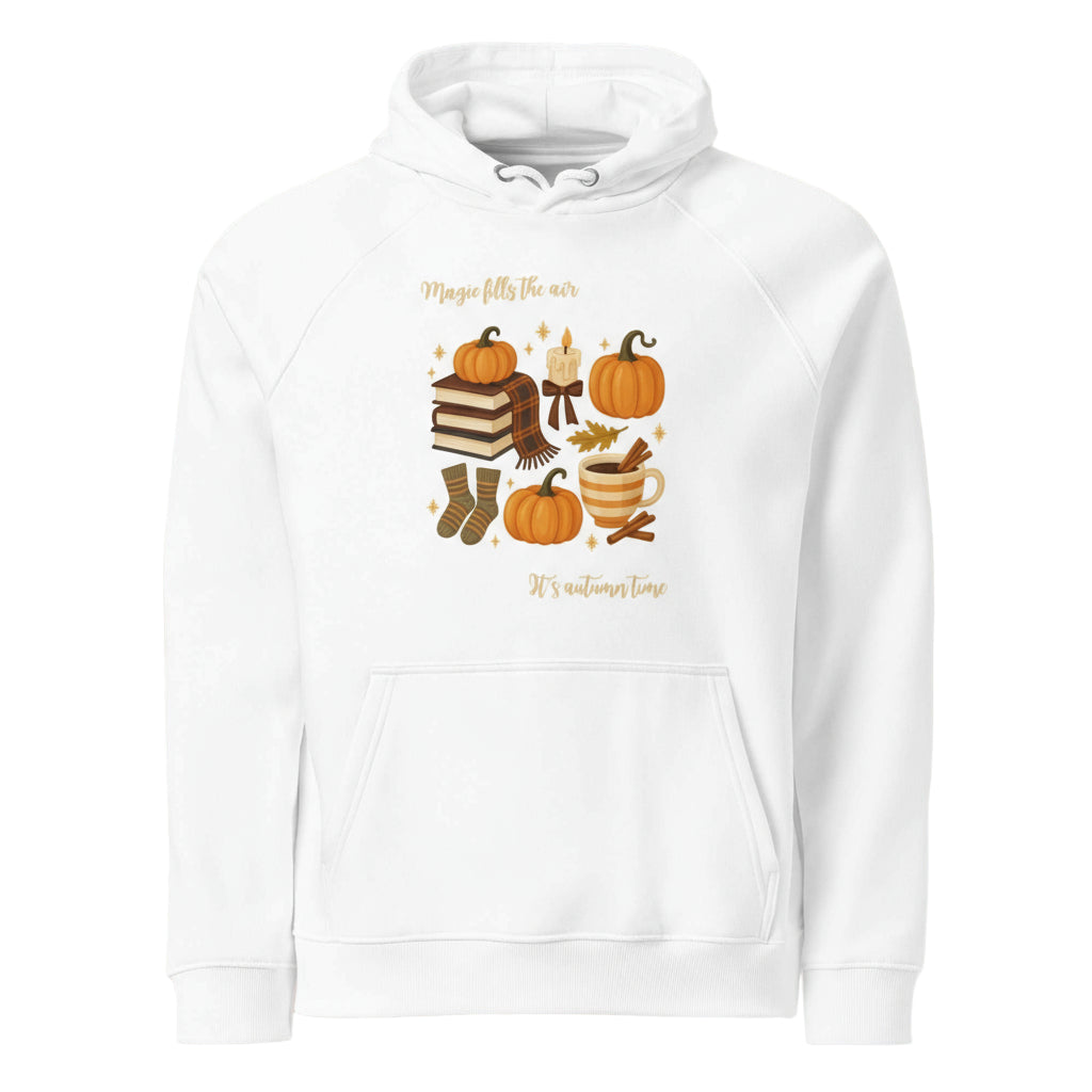 White Magic Fills the Air Hoodie with cozy autumn design featuring pumpkins, books, socks, and candle illustration
