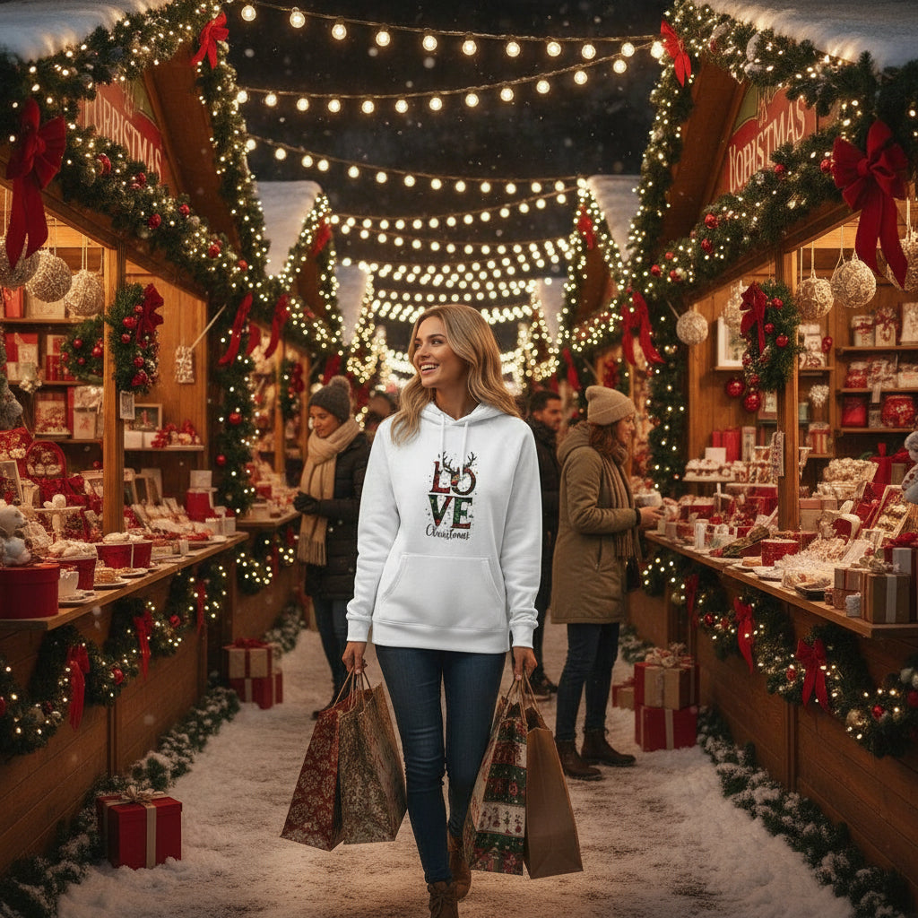Woman wearing white Love Christmas Unisex Eco Raglan Hoodie with plaid love and reindeer design at festive Christmas market