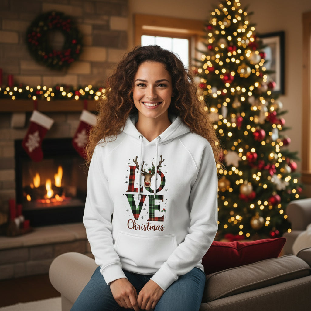 White Love Christmas Unisex Eco Raglan Hoodie with plaid LOVE and reindeer design hanging on festive brick wall background