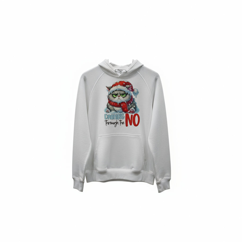 White Dashing Through The NO Hoodie featuring grumpy cat with Santa hat in festive store setting