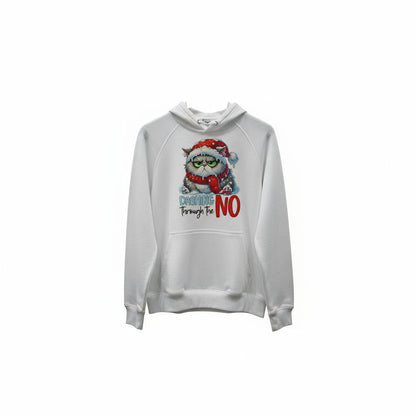 White Dashing Through The NO Hoodie featuring grumpy cat with Santa hat in festive store setting