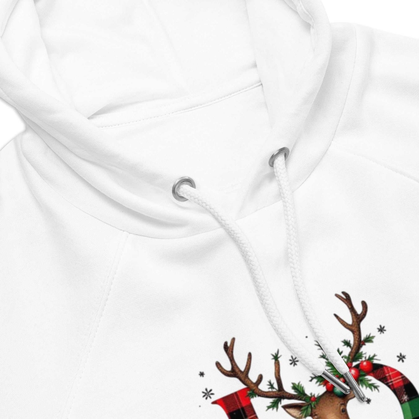 White Love Christmas Unisex Eco Raglan Hoodie with heartwarming plaid LOVE and festive reindeer design by Glow Mystic in Style