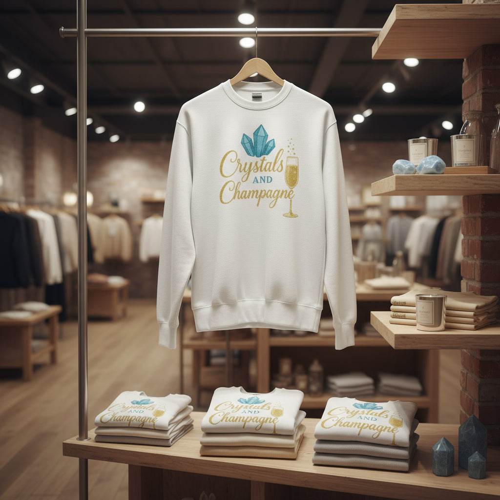 White Crystals and Champagne Eco Sweatshirt with blue crystals and gold champagne glass design hanging in boutique store