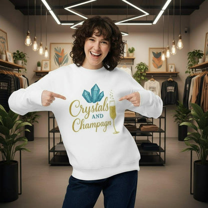 Woman wearing white Crystals and Champagne Eco Sweatshirt with crystal and champagne glass design in stylish store interior