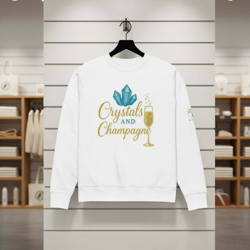 White Crystals and Champagne Eco Sweatshirt with crystal and champagne glass design, made from 100% organic cotton, displayed on hanger in store background