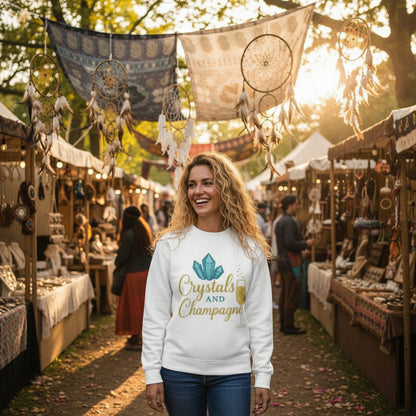 Woman wearing white Crystals and Champagne Eco Sweatshirt with crystal and champagne glass design walking in park