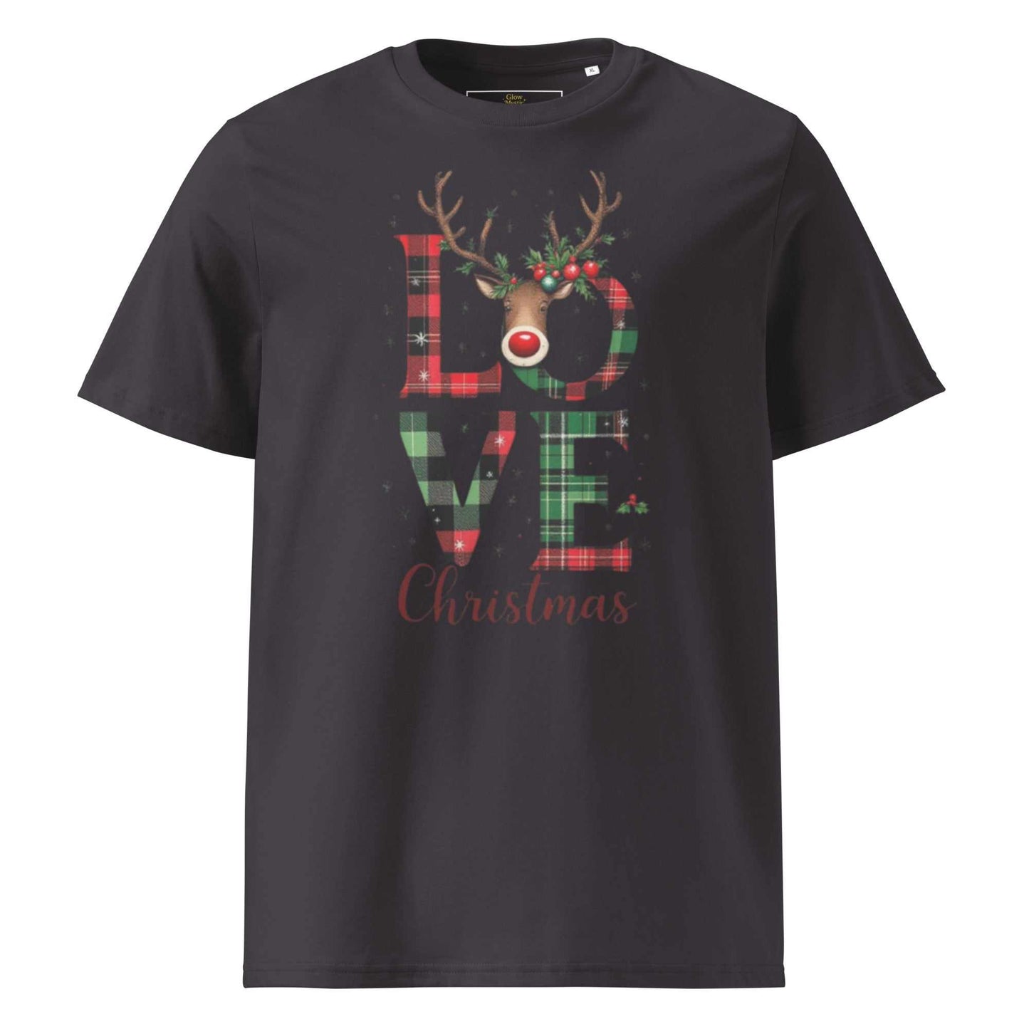 Black organic cotton Christmas T-shirt with festive plaid "LOVE Christmas" reindeer design