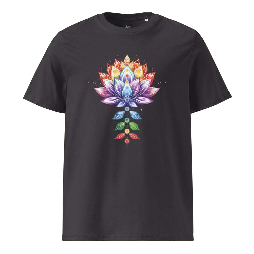 Black Chakra Lotus Organic Cotton T-Shirt with vibrant multicolor lotus and chakra design for spiritual energy and eco-friendly comfort