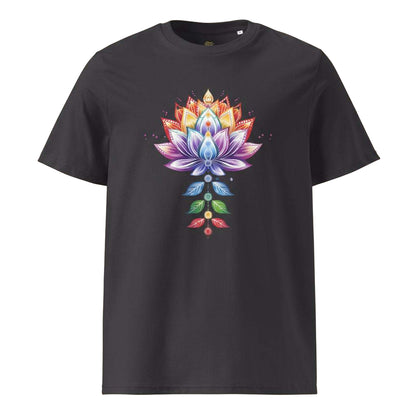 Black Chakra Lotus Organic Cotton T-Shirt with vibrant multicolor lotus and chakra design for spiritual energy and eco-friendly comfort