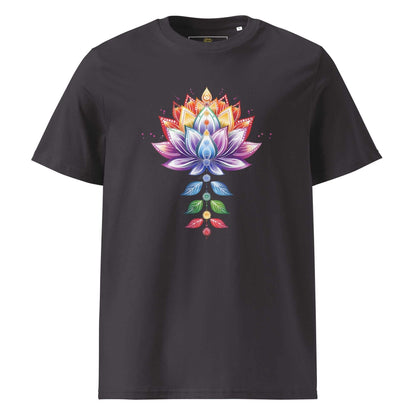 zacht zwart organic cotton t-shirt met kleurrijk chakra lotus design spiritueel en duurzaam
