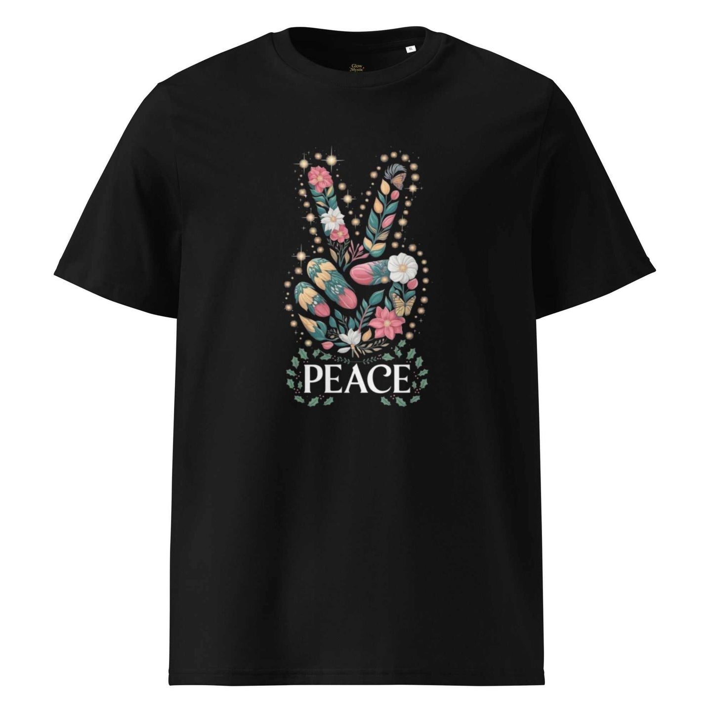 Black unisex organic cotton t-shirt with floral peace sign graphic and comfort fit