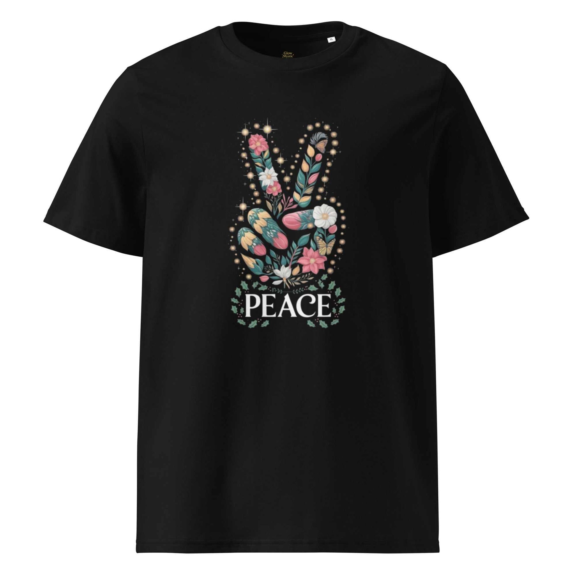 Black unisex organic cotton t-shirt with floral peace sign graphic and comfort fit