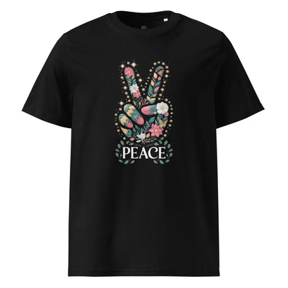 Black unisex organic cotton t-shirt with floral peace sign graphic and comfort fit