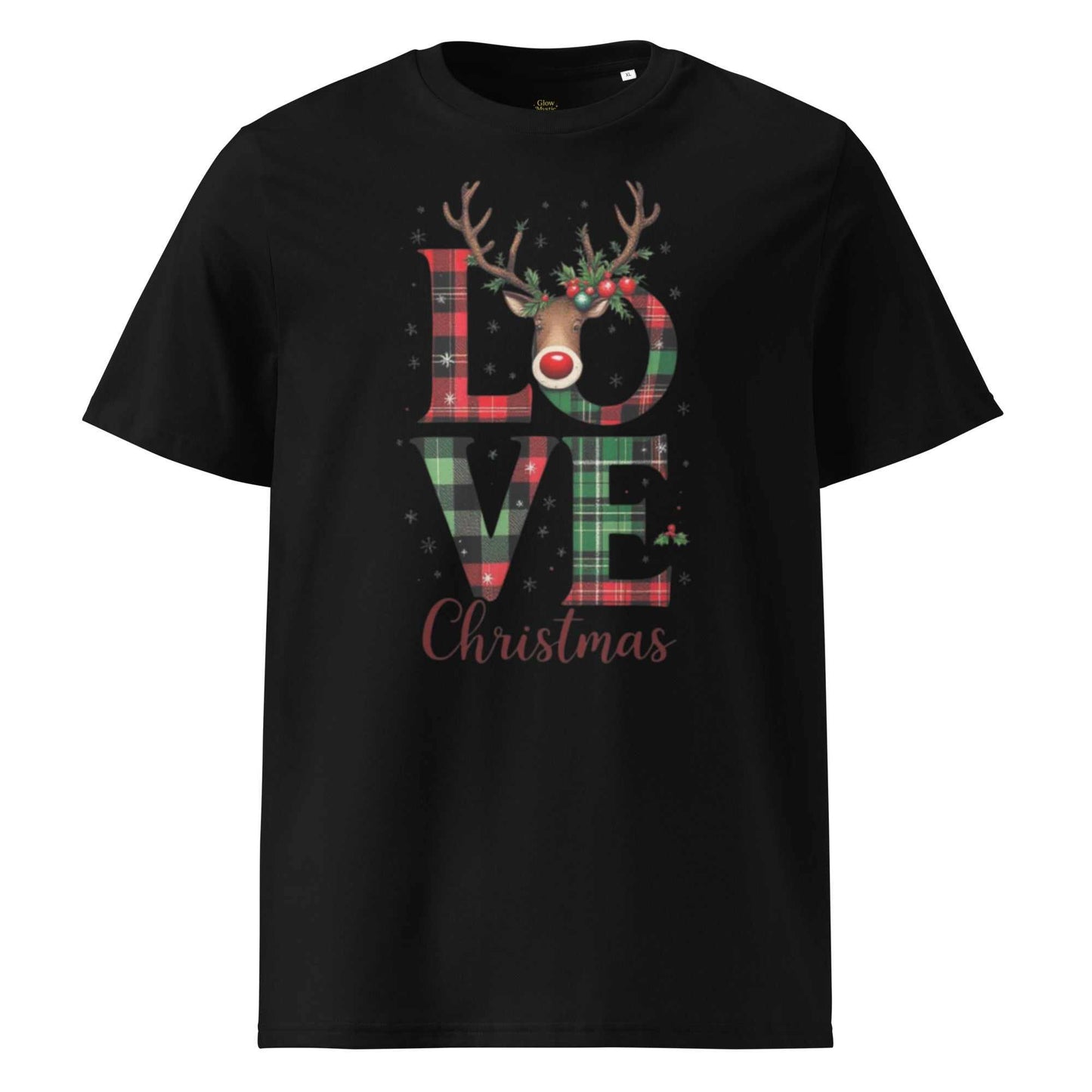 Organic Cotton Christmas T-Shirt with festive plaid LOVE print and reindeer design on black eco-friendly fabric