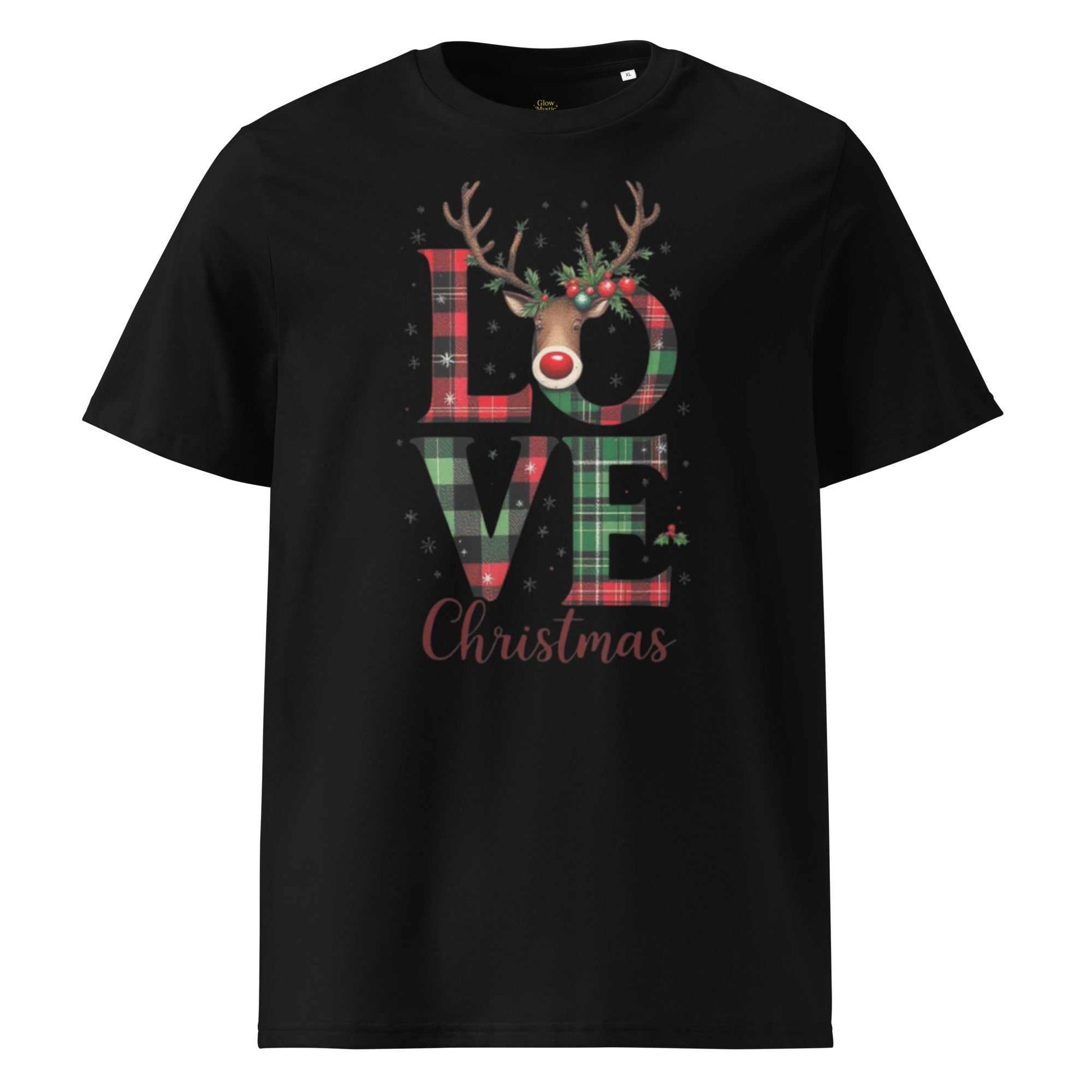 Organic Cotton Christmas T-Shirt with festive plaid LOVE print and reindeer design on black eco-friendly fabric