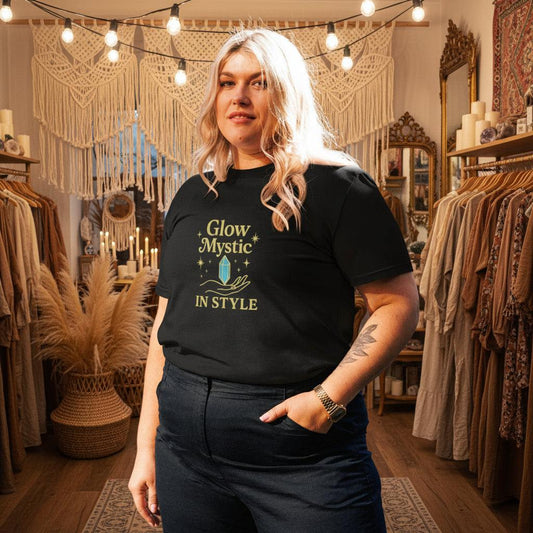 Glow Mystic in Style organic cotton black t-shirt with gold logo worn by woman in boho room