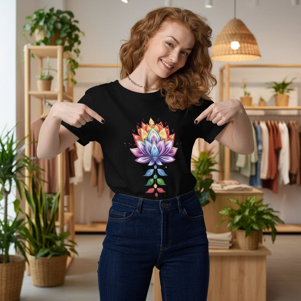 Woman wearing black Chakra Lotus Organic Cotton T-Shirt with vibrant chakra and lotus design in casual indoor setting
