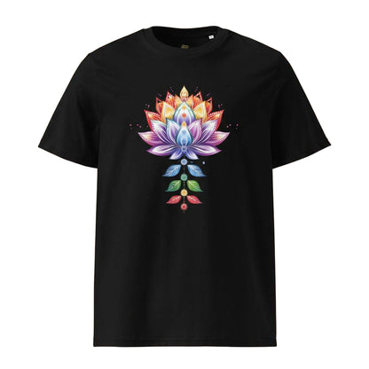 Black Chakra Lotus Organic Cotton T-Shirt with vibrant chakra and lotus design on front