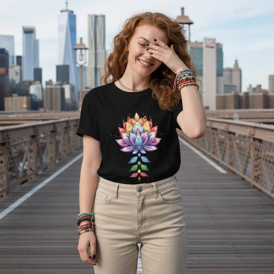 vrouw draagt zwart organic cotton t-shirt met kleurrijk chakra lotus design outdoors