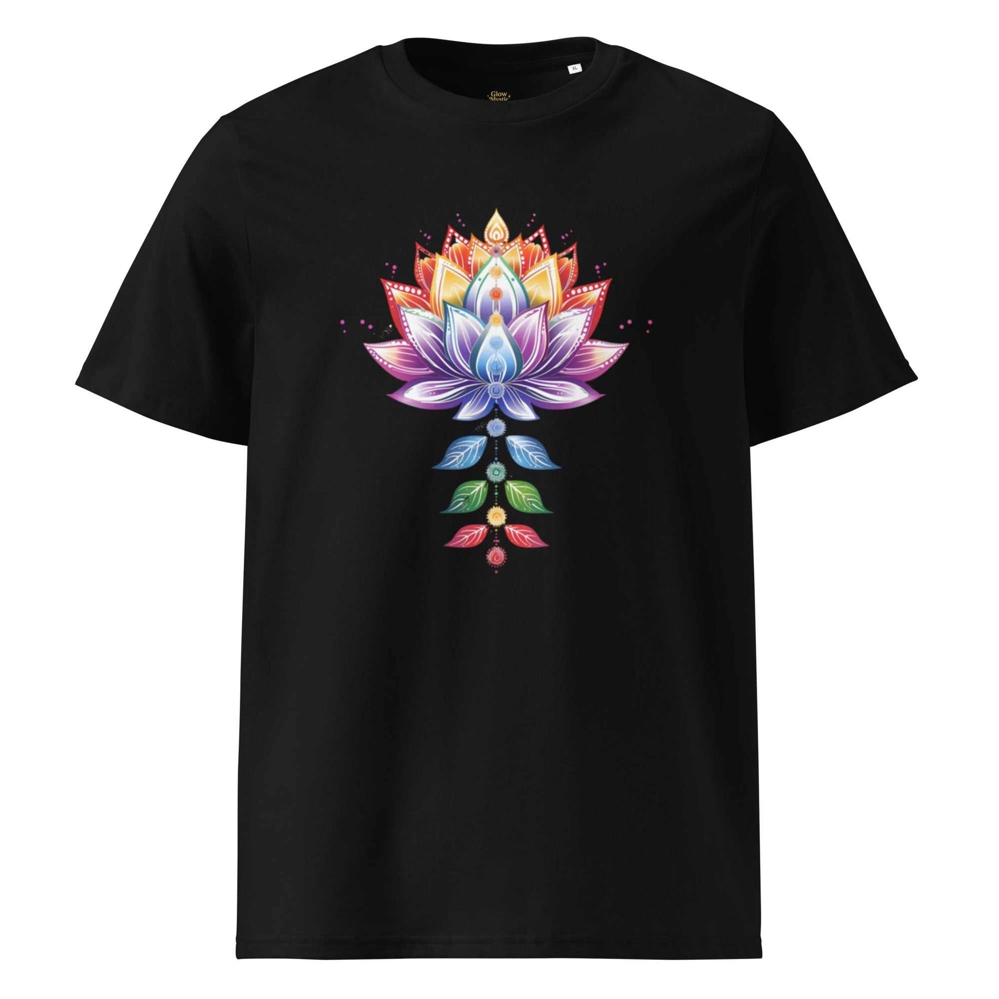 Zwart organic cotton T-shirt met kleurrijk lotus chakra design, duurzaam en comfortabel
