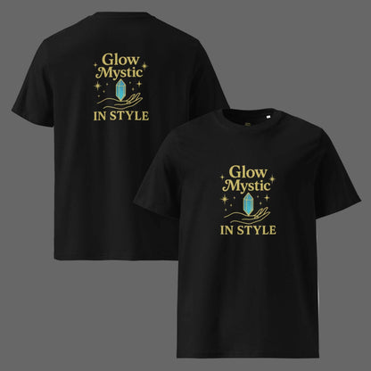 Black organic cotton t-shirt with gold Glow Mystic in Style logo and crystal graphic on front and back