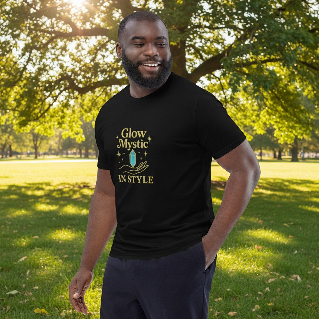 Man wearing black Glow Mystic in Style organic cotton t-shirt with gold celestial design outdoors in park