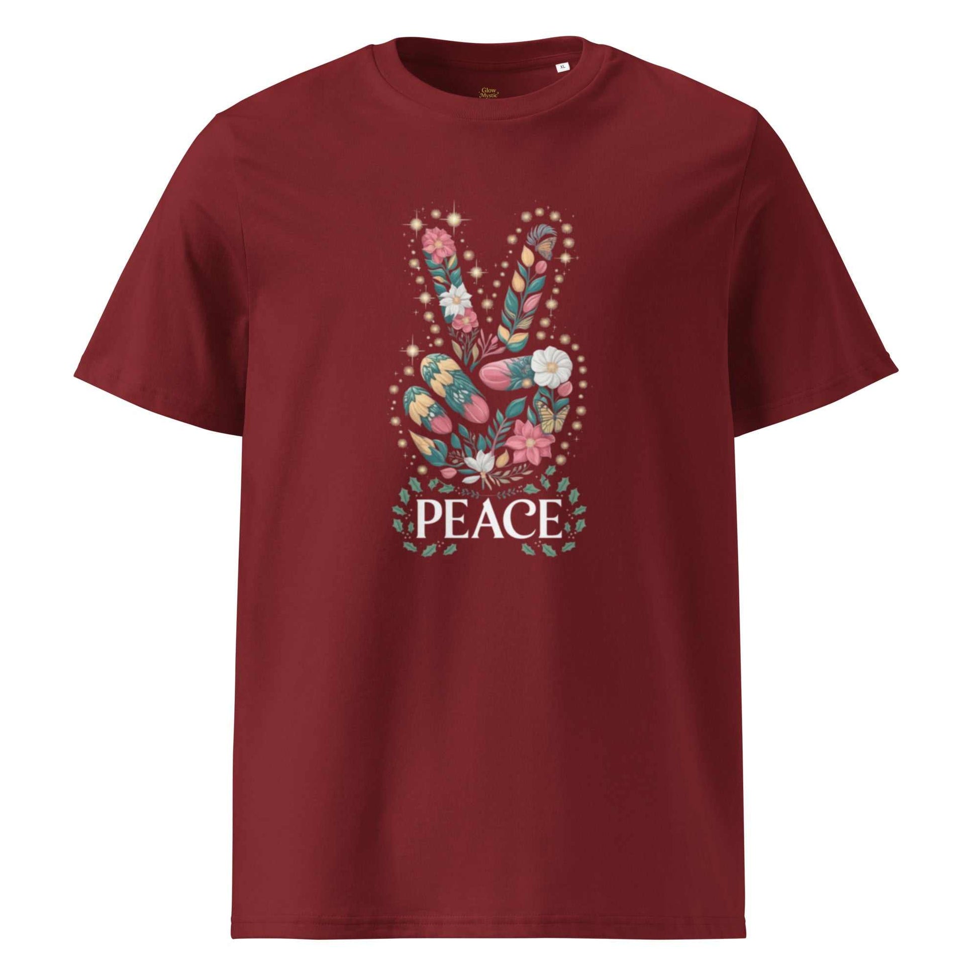 Unisex Organic Cotton T-shirt maroon with floral peace hand graphic and text design