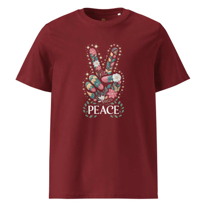 Unisex Organic Cotton T-shirt maroon with floral peace hand graphic and text design