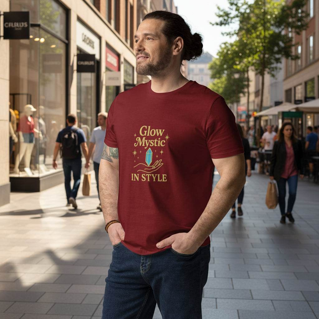 Man wearing red Glow Mystic in Style organic cotton t-shirt with gold logo print on urban street