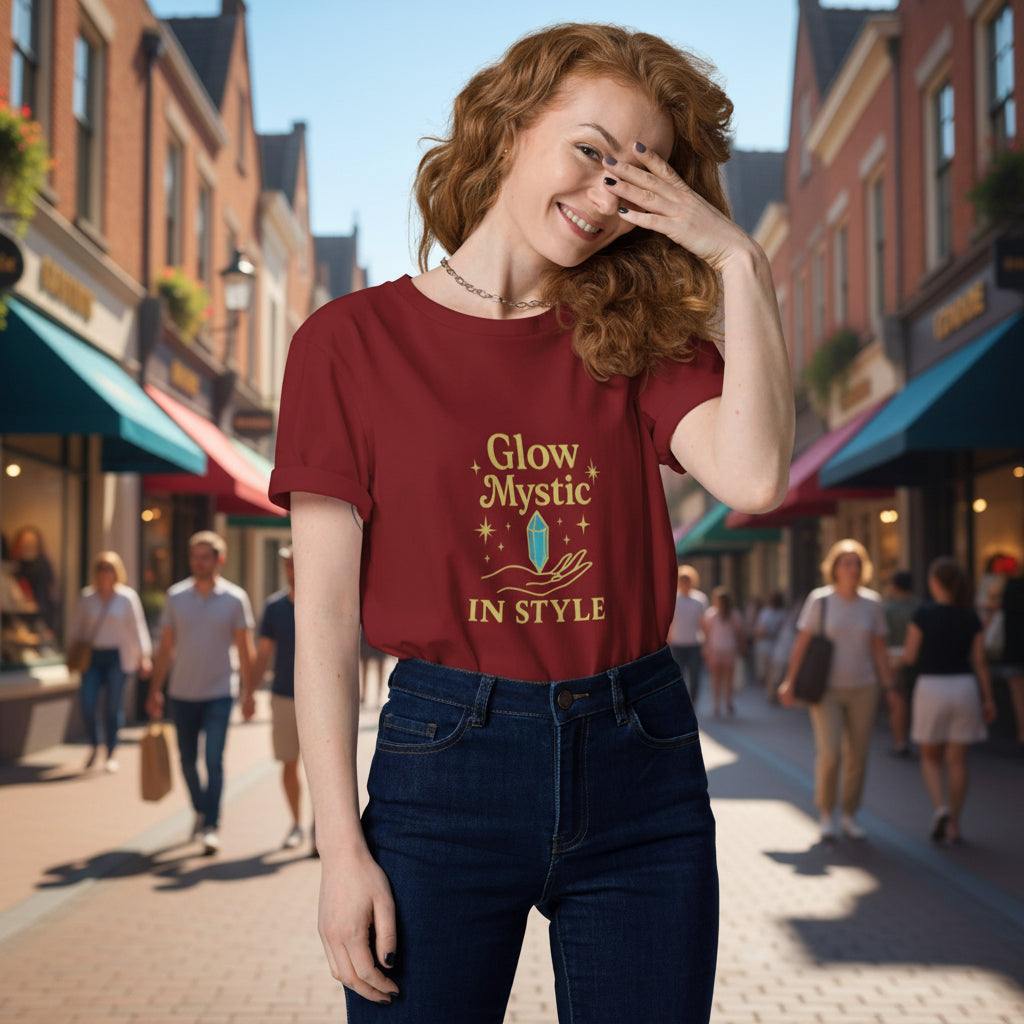 Woman wearing red Glow Mystic in Style organic cotton t-shirt with gold logo print in urban street setting