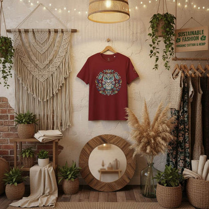 Burgundy Mystical Owl Organic T-Shirt with spiritual boho design displayed in eco-friendly boutique setting