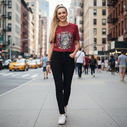 Woman wearing a red Mystical Owl Organic T-Shirt with blue jeans in a boho-style room with plants and hanging clothes