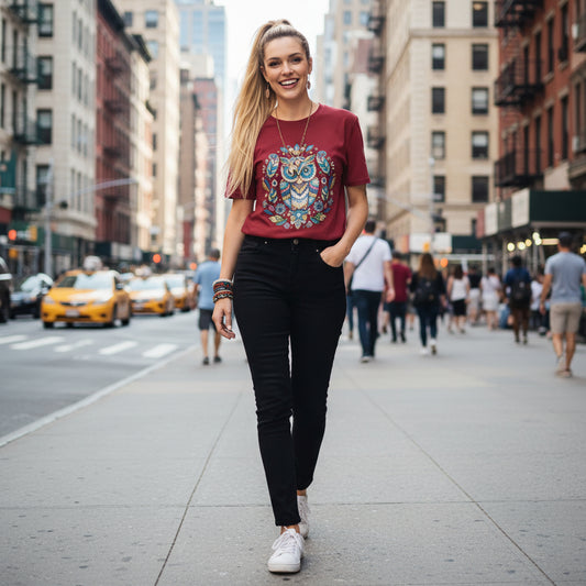 Woman wearing a red Mystical Owl Organic T-Shirt with blue jeans in a boho-style room with plants and hanging clothes