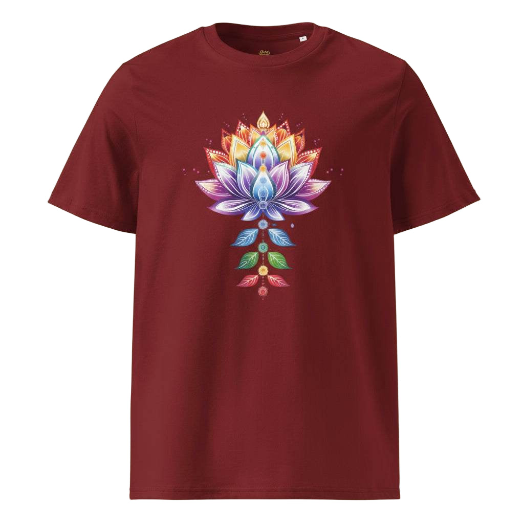 Maroon Chakra Lotus Organic Cotton T-Shirt with vibrant lotus and chakra design, eco-friendly and breathable fabric.