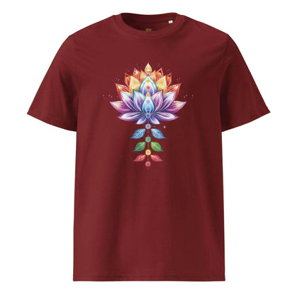 Maroon Chakra Lotus Organic Cotton T-Shirt with vibrant lotus and chakra design, eco-friendly and breathable fabric.