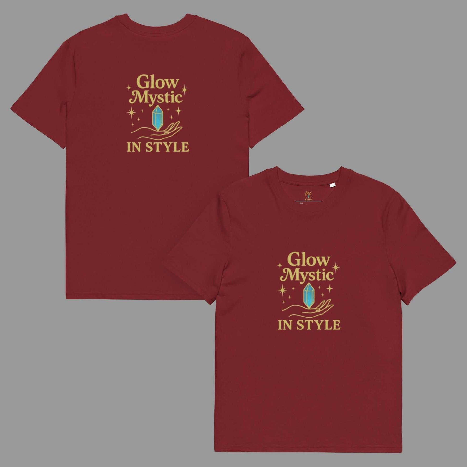 Glow Mystic in Style organic cotton t-shirt in burgundy with gold logo and crystal design on front and back