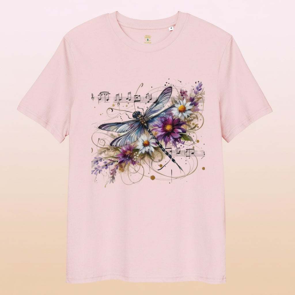 Harmony in Flight organic cotton unisex t-shirt with dragonfly, music notes, and floral design on soft pink background