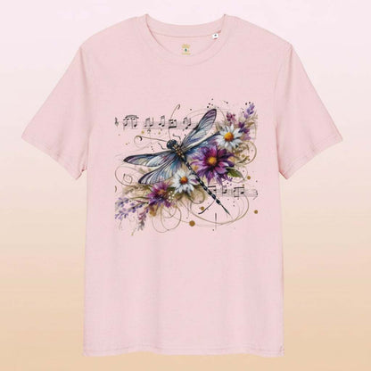 Harmony in Flight organic cotton unisex t-shirt with dragonfly, music notes, and floral design on soft pink background