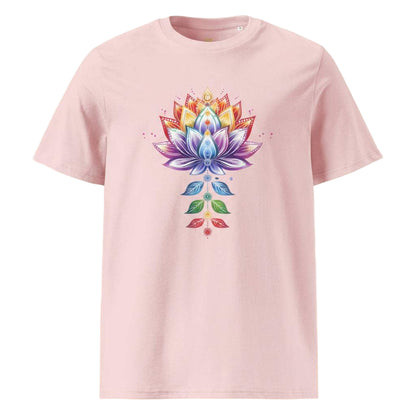 Pink Chakra Lotus Organic Cotton T-Shirt with vibrant chakra lotus design on front