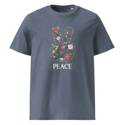 Unisex Organic Cotton T-shirt with floral peace sign design on grey background