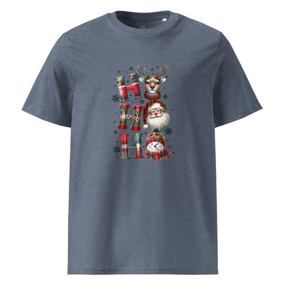 Unisex organic cotton Christmas t-shirt with festive reindeer, Santa, and snowman design on gray fabric