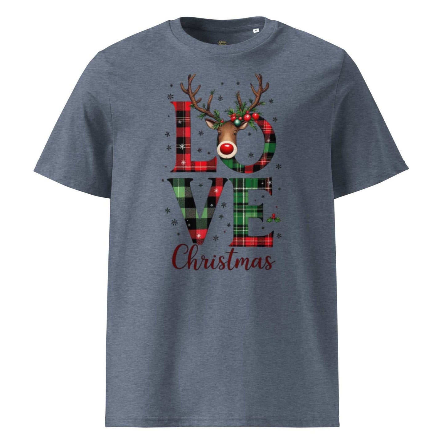 Organic Cotton Christmas T-Shirt with festive plaid "LOVE Christmas" print featuring a reindeer, made from 100% organic cotton for eco-friendly comfort.